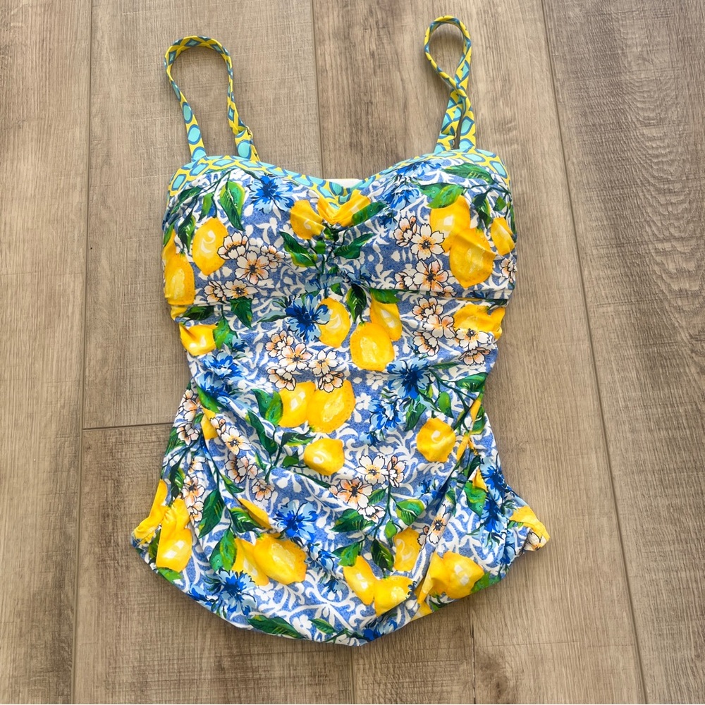 NWOT La Blanca Tankini Swim Top Sz 34D Blue Yellow Lemons RN 73156 Bandeau